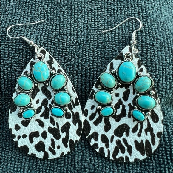 Earrings/Dangle/ CowPrint/ Turquoise/ Silver Jewelry - Picture 3 of 5